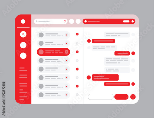 Red Web Application Dashboard UI Vector Template with Messaging Panel and Admin Interface Layout