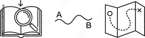 Illustration of opening a book and unfolding a map with directional paths marked isolated on transparent background, Vector