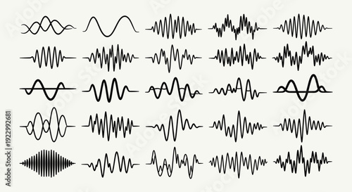 Visual representation of various waveform patterns and audio signal types isolated on transparent background, Vector