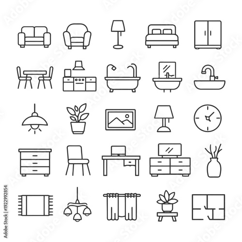 Simple line icons of home furniture and decor items for interior design.