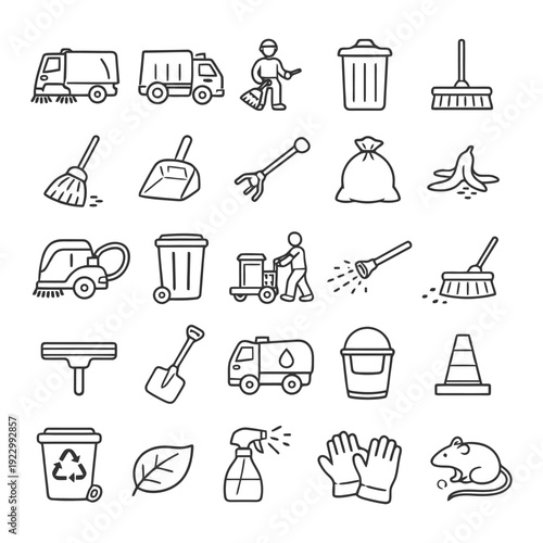 Line art icons of cleaning vehicles tools and waste management symbols.
