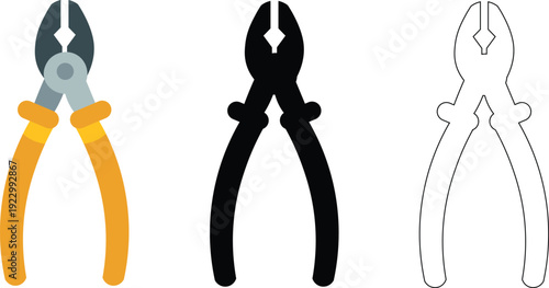 Pliers Icon Set Flat Color Silhouette and Outline Hand Tool Vector Illustration
