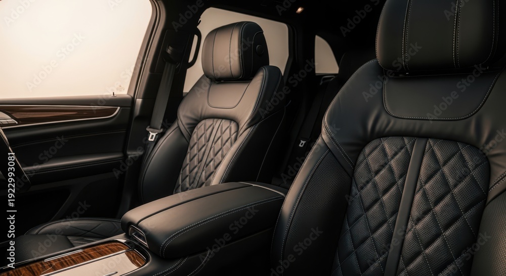 Fototapeta premium Closeup of luxurious black leather car seats with diamond stitching inside a modern vehicle interior