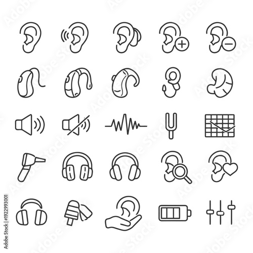 Hearing-related icons: ears, hearing aids, headphones, volume, battery, equalizer.