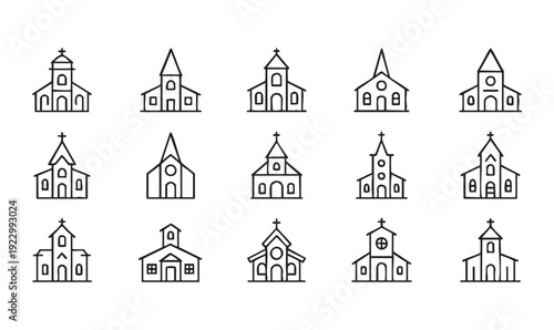 Church icons, christian worship place, chapel and cathedral line art vector illustration set
