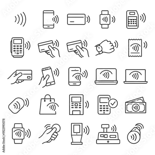Contactless payment icons: cards, devices, transactions, accessibility, convenience.