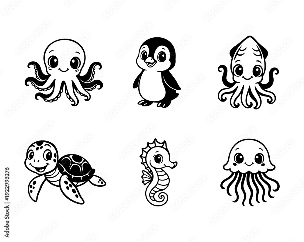 Obraz premium Ocean Animals Cartoon Bundle. Marine Life Collection