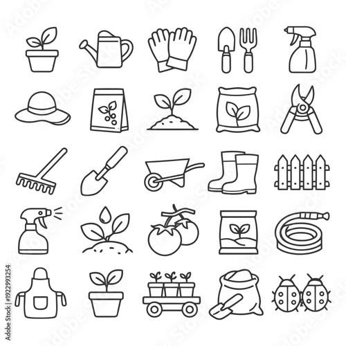 Gardening tools and supplies line art icons collection.