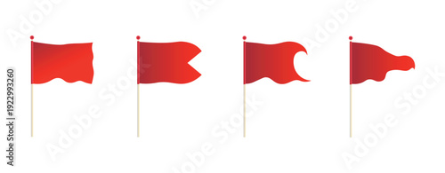 Red Waving Flag Set on Pole Collection Vector Illustration