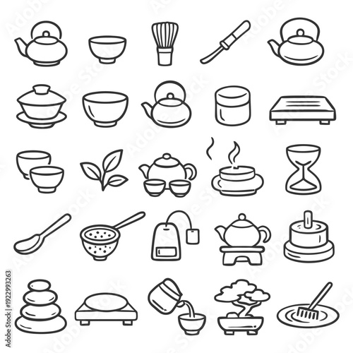 Tea ceremony icons: teapots, cups, loose leaf, kettle, zen elements.
