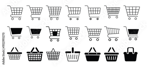 Shopping Cart & Basket Icon Set – E-commerce Cart Line, Solid and Flat Vector Collection