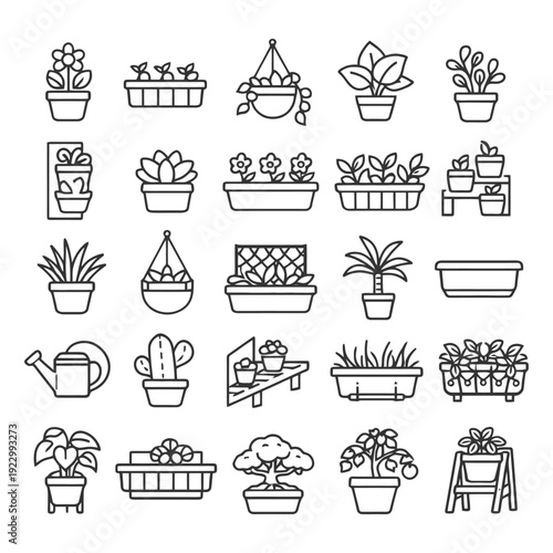 Collection of various indoor and outdoor potted plant icon designs in black outline style.