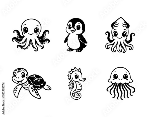 Ocean Animals Cartoon Bundle. Marine Life Collection