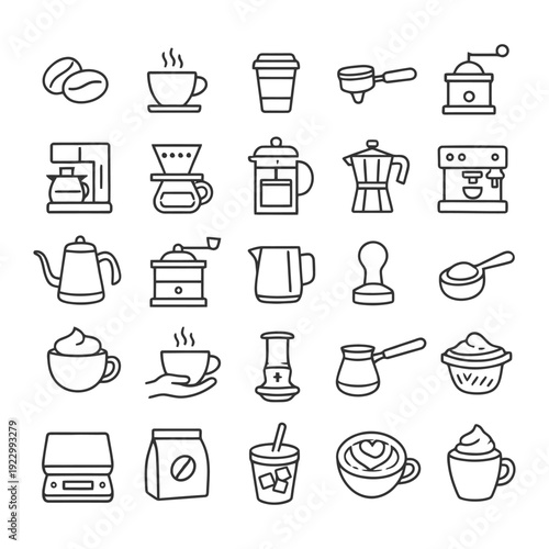 Coffee brewing icons set featuring pots, grinders, and cups in line art.