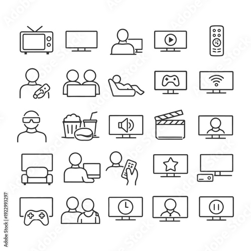 Icon set depicting entertainment and media activities with tv and game elements.
