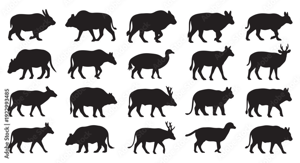 Obraz premium Hoofed Animal Silhouettes Set – Black Wildlife Silhouette Icons , Vector Style Grid