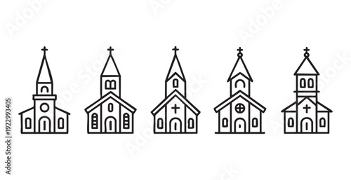 Church line icon set featuring traditional christian building architecture with steeple and cross