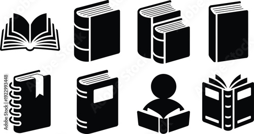 Collection of book icons in various styles and orientations