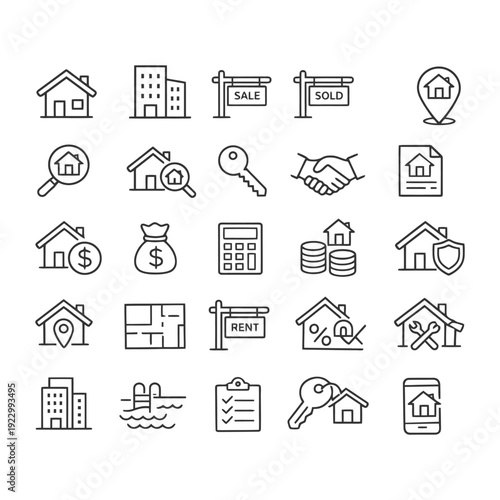 Real estate icon set: housing, sale, rent, investment, property management.
