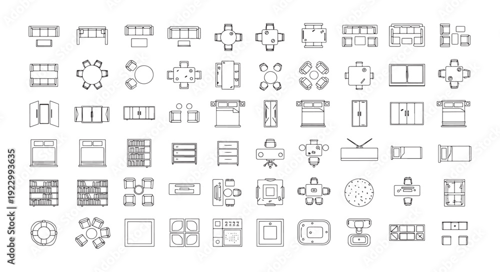 Obraz premium Top-View Furniture Symbols and Floor Plan Icons Set for Architecture, Interior Design and Drafting