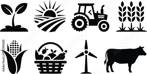 Agriculture and farming icon set, 8 black silhouette farm symbols, organic food production and livestock vector illustrations, eps format