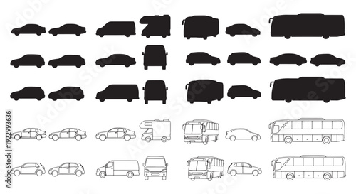 Vehicle Silhouettes and Line Art Vector Icons Set Featuring Cars Vans Buses and Campers