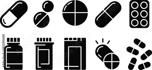 Medical pill icons set, black pharmaceutical capsule and tablet symbols, 10 medicine bottle and blister pack vector elements for healthcare apps