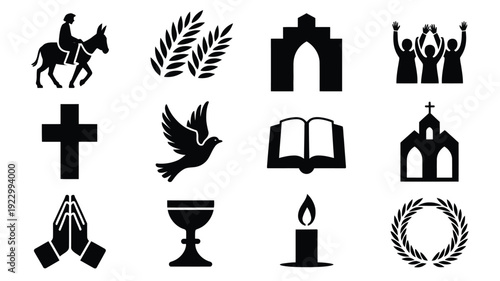 Christian faith symbols icons set including church cross bible candle and dove on white background for design and religious concepts