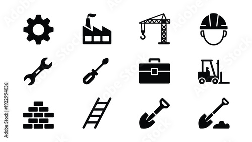 Construction icons set including gear hard hat tools and machinery for industry and building projects on white background