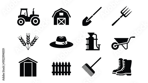 Agricultural tools and farm equipment icons in black silhouette on white background for labor day or harvest themes