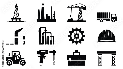 Collection of black industrial icons including construction equipment tools and machinery on white background for labor day and heavy industry themes