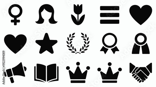 International women's day symbols and icons for social media and awareness campaigns with silhouettes of hearts crowns and equality signs on a white background