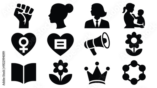 International women's day symbols and icons set black silhouettes on white background representing female empowerment equality and feminism