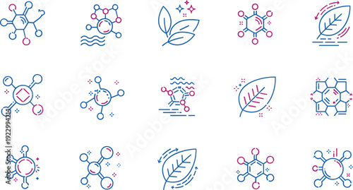 Creative molecular structures and leaf designs in a stylized line art arrangement isolated on transparent background, Vector