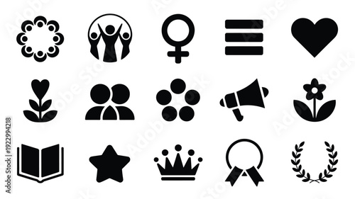International women's day themed icons set including equality heart and empowerment symbols on white background