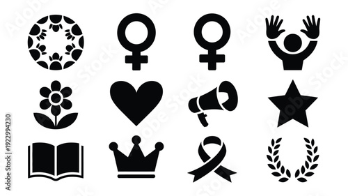 International women's day icons set symbols of female empowerment equality and social justice black on white background