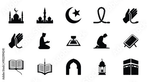 Islamic prayer icons set including mosque crescent moon prayer beads and quran symbolizing faith and spirituality