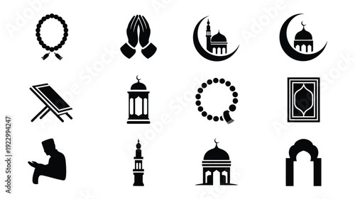 Elegant islamic prayer tasbih silhouettes and mosque icons set for design