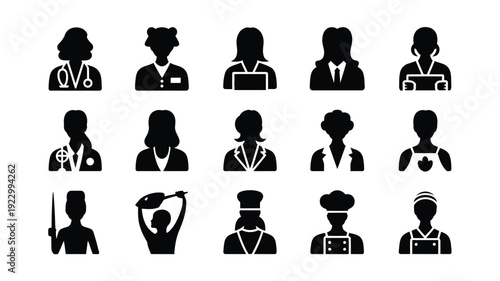 Diverse professional women silhouettes in various occupations and professions on white background