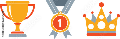 Three distinct icons representing victory, achievement, and royalty in a symbolic manner. isolated on transparent background, Vector