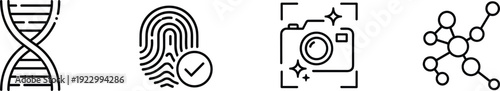 Icons representing biotechnology, security, photography, and molecular structure concepts isolated on transparent background, Vector