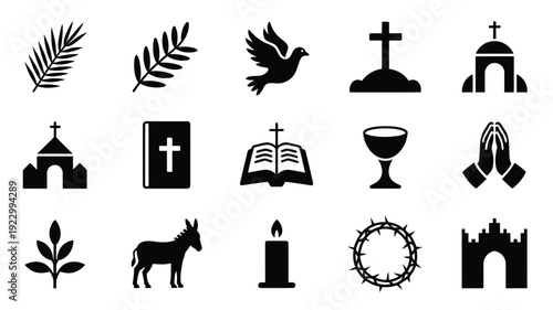 Palm sunday christian symbols and icons set including cross dove palm leaves church bible and easter elements in black silhouette on white background for religious themes and holiday