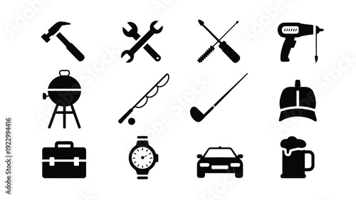 Black silhouette icons of various father's day symbols and gifts on white background