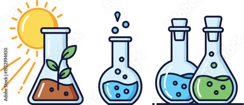 Illustration of scientific processes combining natural and chemical elements isolated on transparent background, Vector