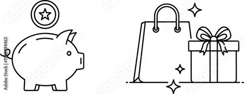 Piggy bank and shopping bag with gift box depicting savings and spending isolated on transparent background, Vector