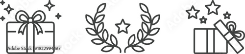 Three elegant icons representing celebration, achievement, and gift-giving in minimalist style isolated on transparent background, Vector