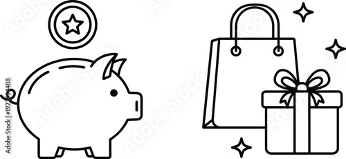 Saving and gifting money with a piggy bank and shopping bag with present isolated on transparent background, Vector