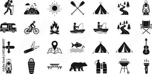 Camping and outdoor adventure icons set, hiking, tent, campfire, fishing, caravan, mountain, forest symbols, black silhouette vector isolated on white background