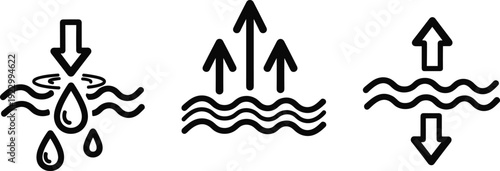 Illustrations of different types of precipitation and atmospheric pressure changes isolated on transparent background, Vector