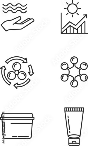 Icons representing sustainability and skincare product elements isolated on transparent background, Vector